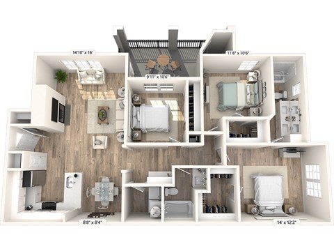 Floor plan for 3 beds, 2 baths, 1315 sqft